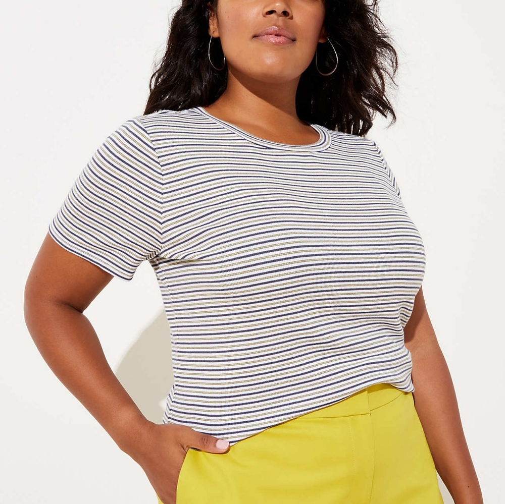 Striped Ribbed Shoulder Button Tee - Picture 1 of 2